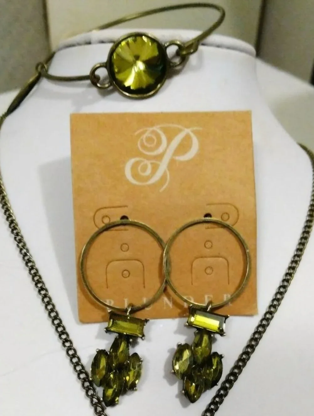 Bronze-Tone Jewelry Set with Olivine Green Crystals -3 PC Set